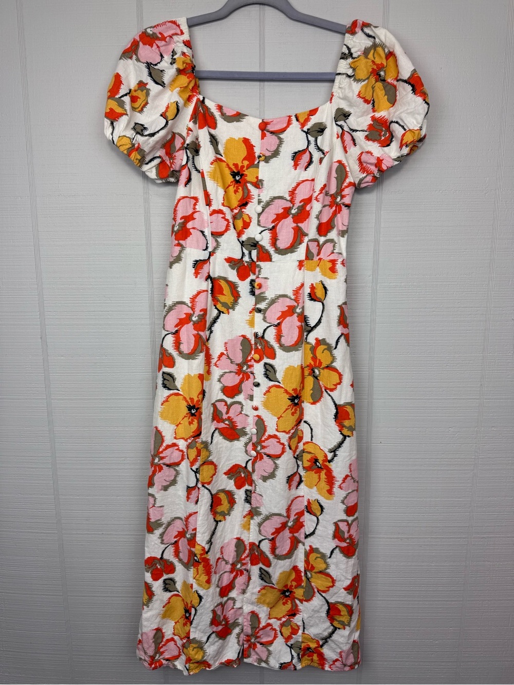 Moon River Pink Orange Floral Sun Dress Puff Sleeves Buttoned Front Slit